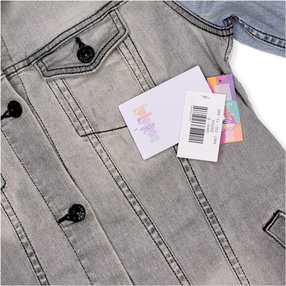 LuLaRoe Jaxon Denim Jacket Small Two-Tone Grey Blue Wash Stretch Jean Coat - Picture 2 of 13